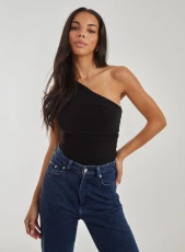 One Shoulder Slinky Bodysuit BLACK