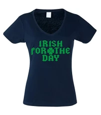 One Size (18") St. Patrick's Day Navy V-Neck Women's Fitted T-Shirt 'Irish for The Day' with Green Print