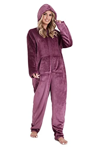 Onesies for Women Soft Comfy Fleece Pyjamas Nightwear for Women Fluffy Fleece Onesie Lounge Wear Sizes S-XL (Purple, XL)