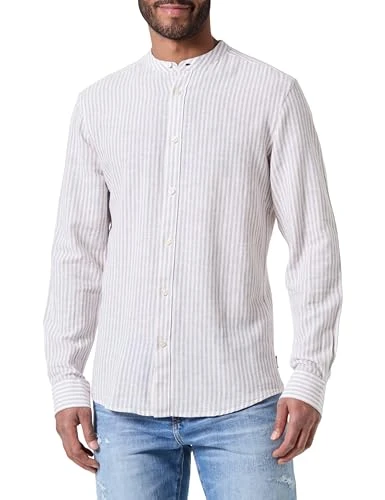 ONLY&SONS Men Lightweight Linen Shirt Long Sleeve Slim fit top Striped Basic Shirt, Colours:Beige, S