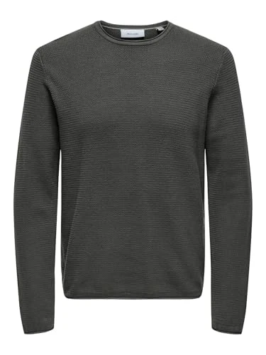 ONLY&SONS Men's Jumper Long Sleeve Crew Neck Cotton Comfortable Stylish Knitwear, Colours:Grey, Size