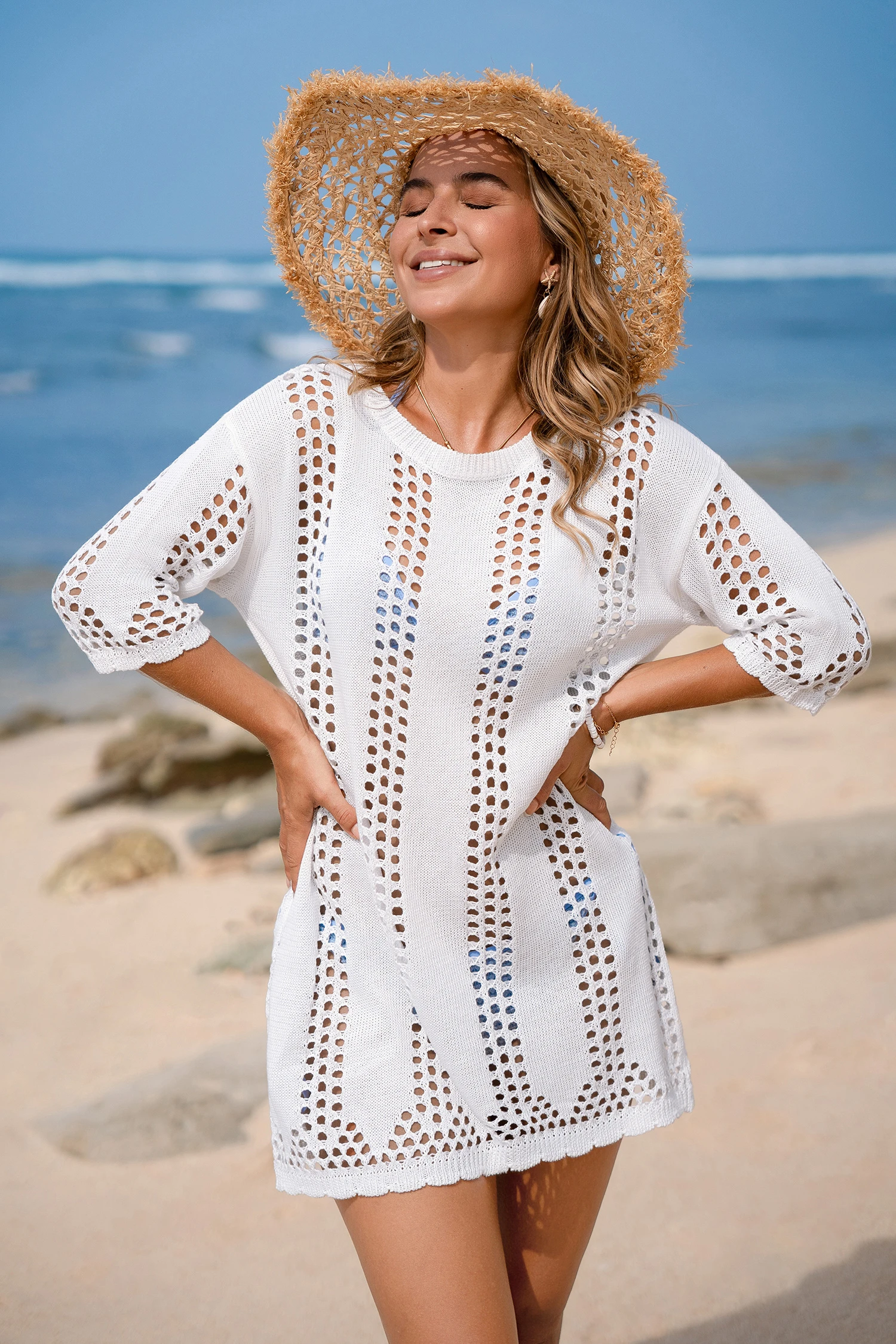 Open Air Beige Cover-Up Mini Dress - White