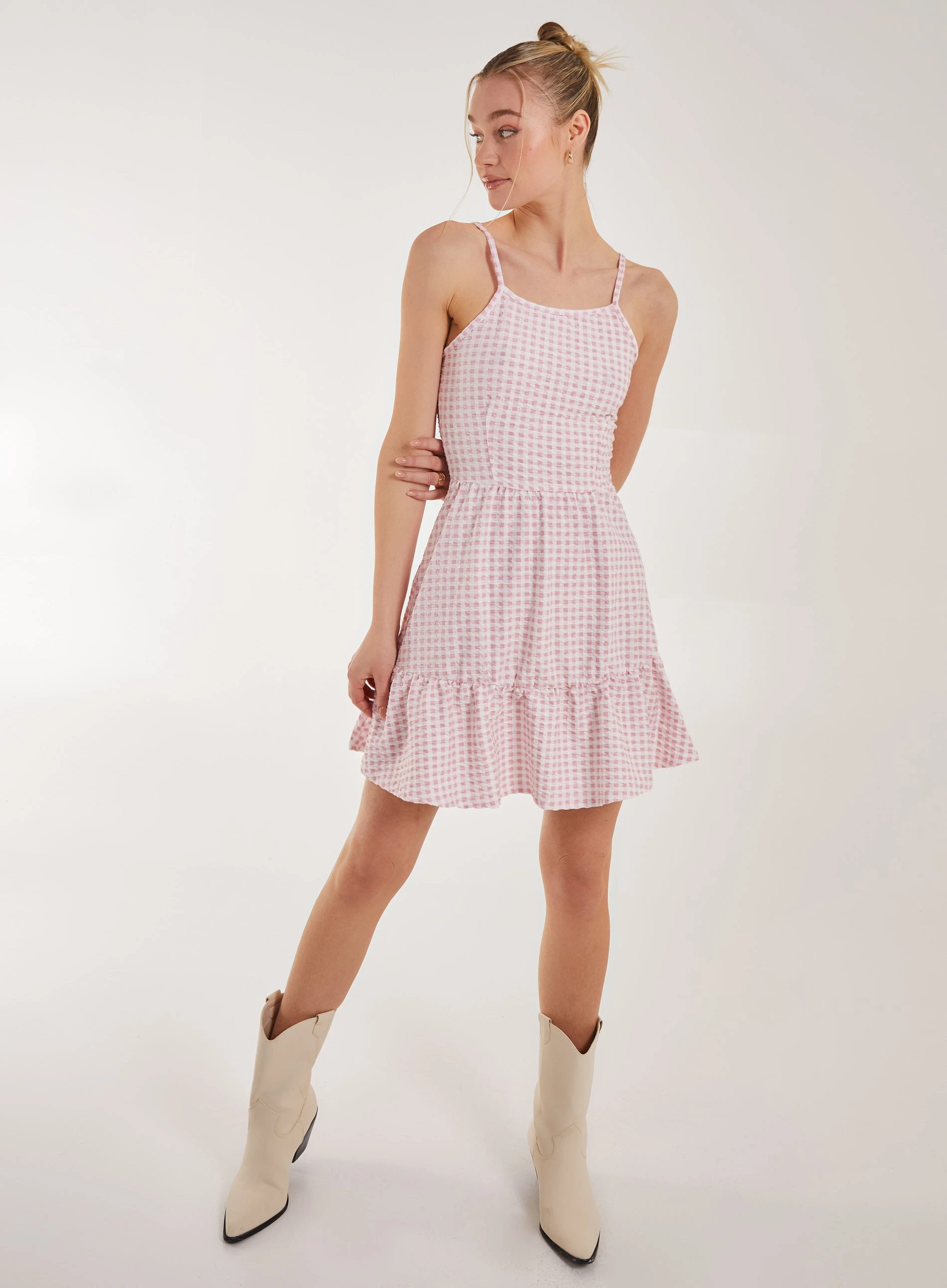 Open Back Gingham Skater Dress  - 12  - Pink