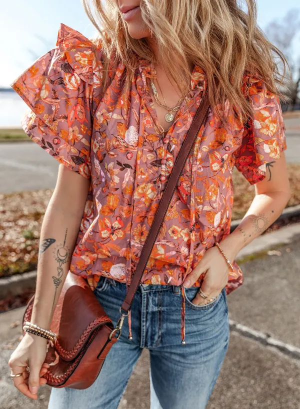 Orange Floral Print Ruffled Flutter Sleeve Frilled V Neck Blouse - Orange / / 100%Cotton - Orange