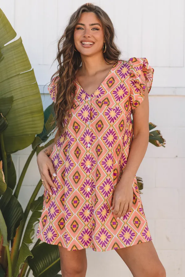 Orange Geometric Floral V Neck Buttoned Ruffled Sleeve Mini Dress - Orange / / %Viscose+%Polyamide - Orange