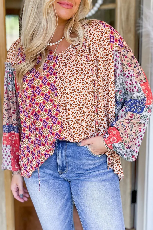 Orange Mixed Floral Printed Long Sleeve Tied V Neck Blouse - ORANGE / / 100%POLYESTER - ORANGE