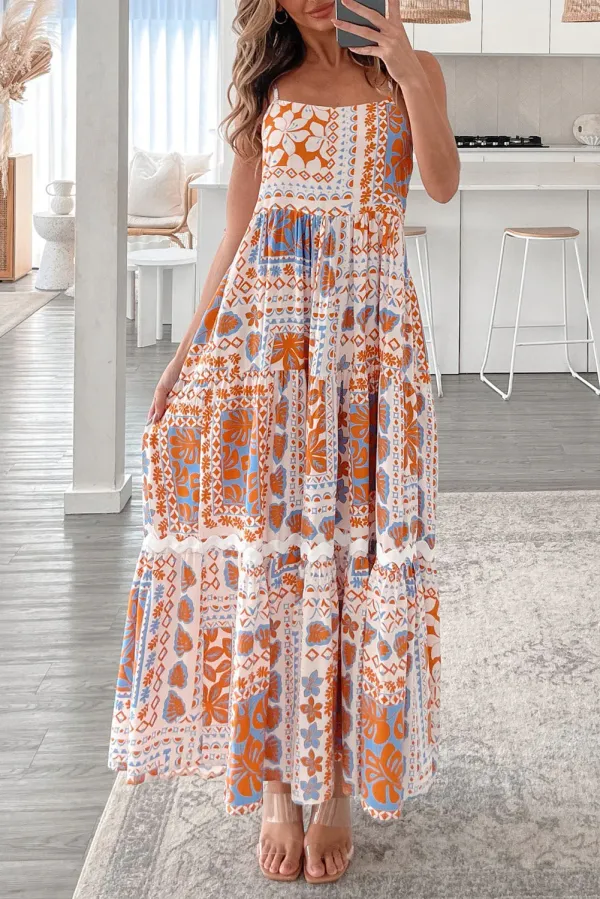 Orange Multi Printed Ricrac Trim Spaghetti Straps Maxi Dress - Orange / / 100%Polyester - Orange