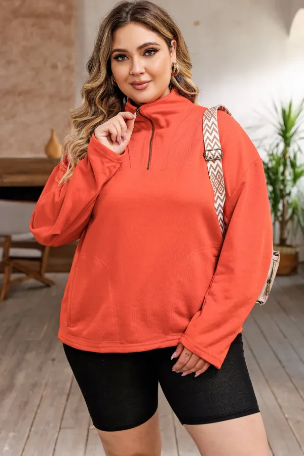 Orange O-ring Zipper Pocketed Plus Size Sweatshirt - ORANGE / 3X / %POLYESTER+%COTTON