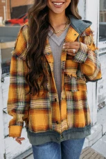 Orange Plaid Patch Hooded Frayed Snap Button Jacket - ORANGE / / 100%POLYESTER Orange Plaid Patch Hooded Frayed Snap Button Jacket - ORANGE / / 100%POLYESTER
