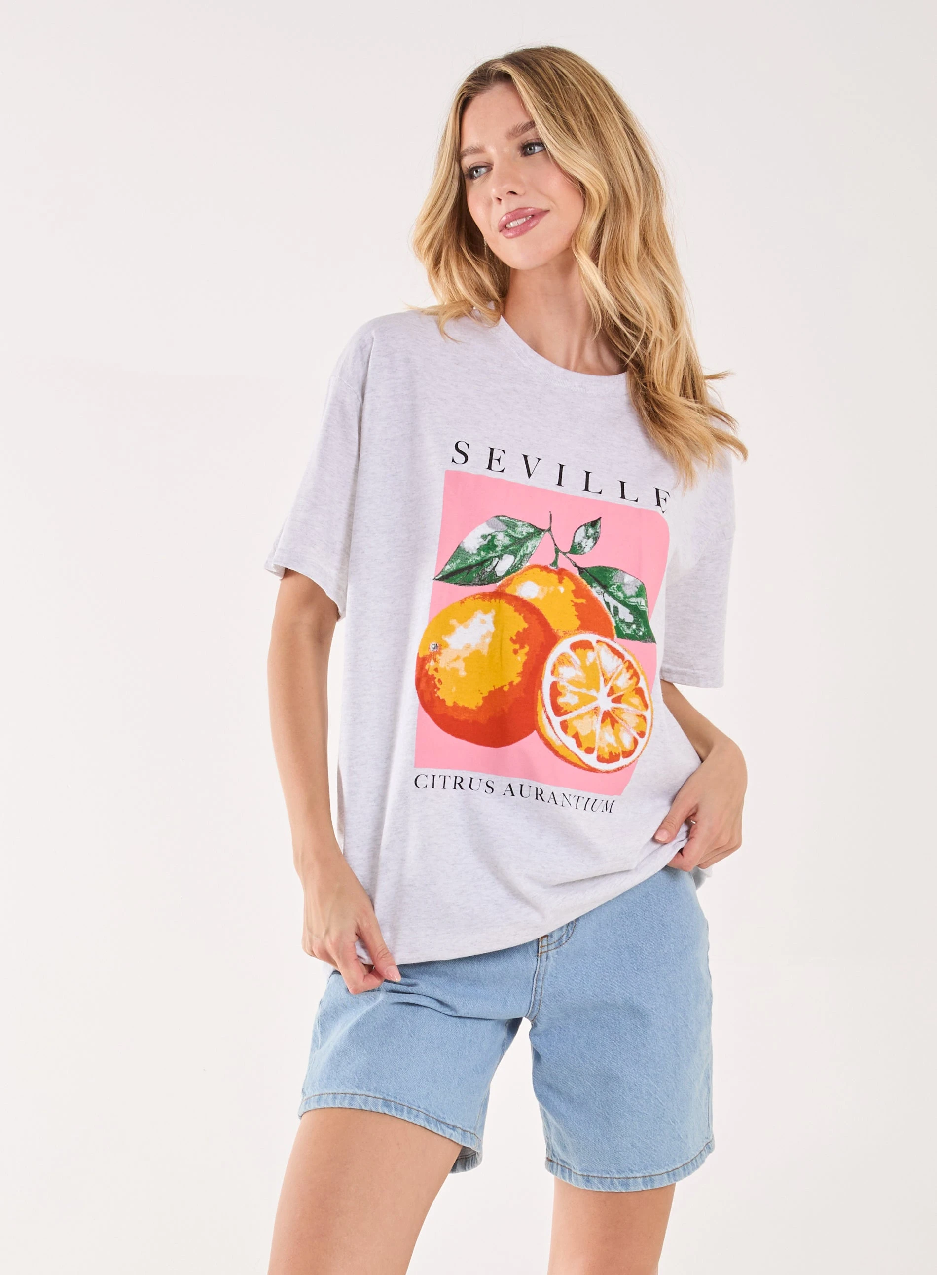 Orange Print Oversized T-shirt - S-M - GREY