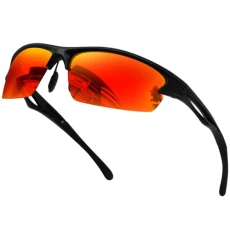 Orange Red Sunglasses Mirrored Wrap Around Polarised Sports Cycling Glasses Mens Womens Running UV400 - Black Frame Orange Red Lens
