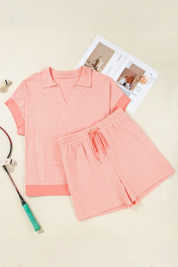 Orange Stripe Loose Polo T-Shirt and Shorts Plus Size Co-ord Outfit - Orange Stripe / 1X