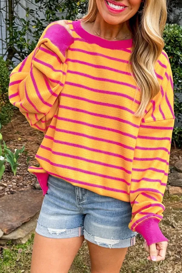 Orange Stripe Trimmed Round Neck Drop Shoulder Loose Sweater - Orange Stripe / / %Viscose+%Polyester+%Polyamide - Orange Stripe