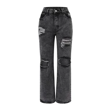 Our Planet Women's Waistcoat Trousers Hole Denim Button Elastic Pocket Waist Jeans Trousers High Loose Women's Jeans Trousers Women Black, gray, XL