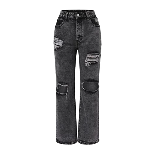 Our Planet Women's Waistcoat Trousers Hole Denim Button Elastic Pocket Waist Jeans Trousers High Loose Women's Jeans Trousers Women Black, gray, XL