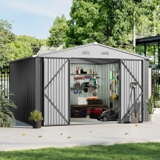 Outdoor 10x10 FT Garden Metal Storage Shed with Lockable Door - Grey