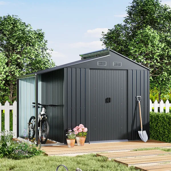Outdoor Galvanized Steel Storage Shed with Lean to - Grey - Size Large
