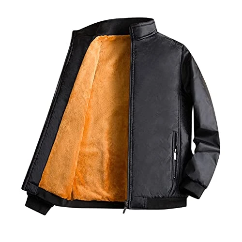 Outdoor jackets for men fathers winter silky plus velvet warm outer coat outdoor zip stand collar outerwear with pockets men cotton coat men bomber jacket, black, XXL