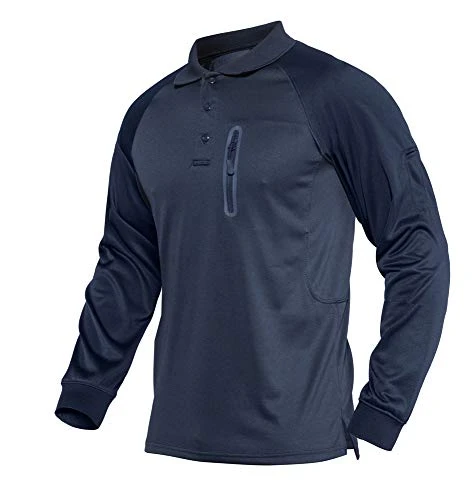 Outdoor Long Sleeve Tops for Men Spring Autumn Golf Polo Shirts for Hiking with Zip Pocket Navy Blue