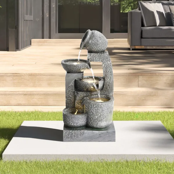 Outdoor Solar-Powered Fountain with LED Light 28cm W x 22cm D x 64cm H - Grey