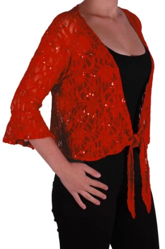 Oversize 12-26 - Darcey Ladies Sequin Cardi Tie Shrug Lace Bolero Top Womens Plus Size Red 12-14