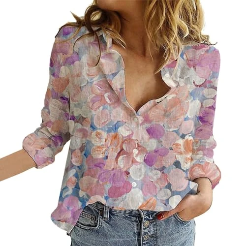 Oversize Denim Shirt for Women Flower Print Button Down Long Sleeve Shirt for Women Casual Floral V 