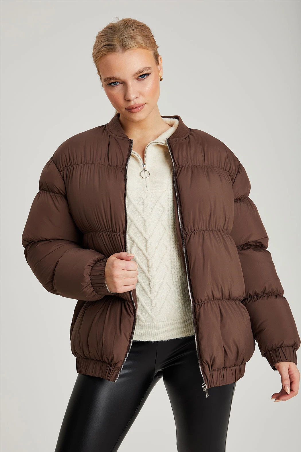 Oversized Gathered Puffball Puffa Coat Chocolate /