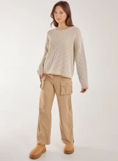 Oversized Pocket Wide Leg Cargo Trousers  - 8  - Stone