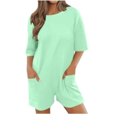 Oversized Rompers for Women 2024 Summer Casual Short Jumpsuits Half Sleeve Crew Neck Loose T-Shirt Romper with Pockets Athletic Workout Onesie Ladies Short Overalls Trendy