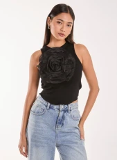 Oversized Ruffle Corsage Top BLACK