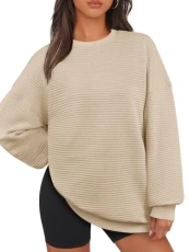 Oversized Sweatshirt for Women 2024 Fall Long Sleeve Crew Neck Textured Pullover Tops with Pocket, Apricot, Medium
