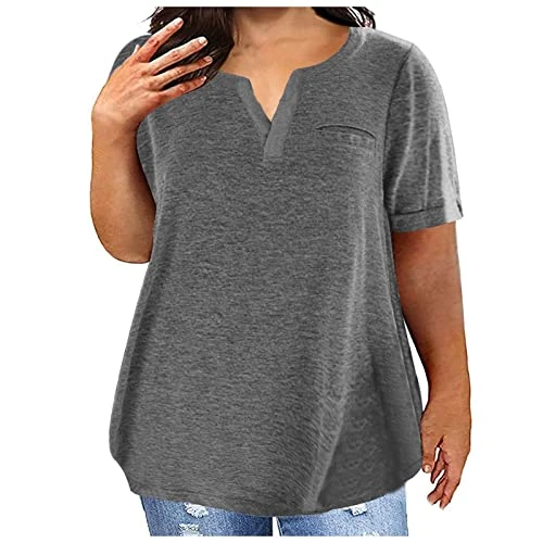 Oversized Tops Casual Short Sleeve Shirts Plain Summer Loose T Shirts V Neck Tunic Blo