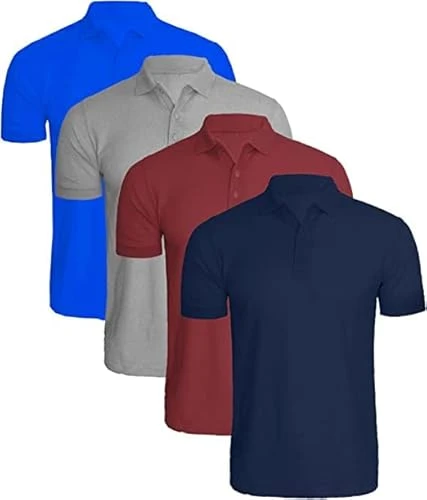 Pack of 4 Mens Polo Shirt Short Sleeve Plain Pique Top Designer Tshirt Tee (Pack C NVY/Wine/Grey/DNM, M)