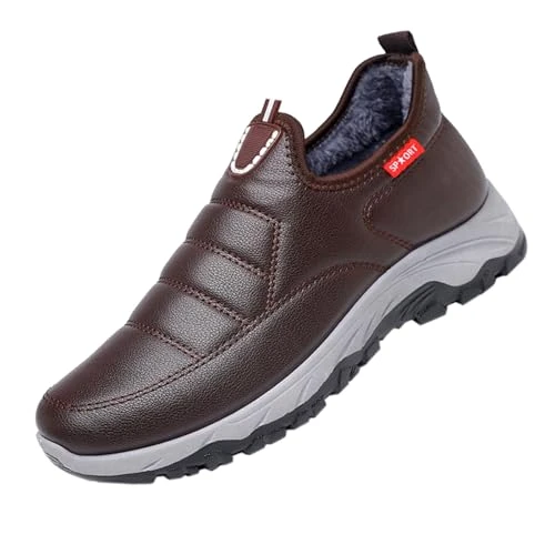 Padded Snow Boots Men's Warm Non-Slip Leather Shoes Waterproof Thickened Trainers Sports Shoes Men's Winter Thickened Cotton Shoes Walking Shoes Without Laces, coffee, 40 EU