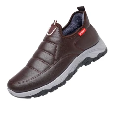 Padded Snow Boots Men's Warm Non-Slip Leather Shoes Waterproof Thickened Trainers Sports Shoes Men's Winter Thickened Cotton Shoes Walking Shoes Without Laces, coffee, 40 EU