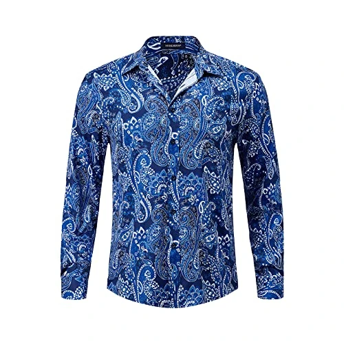 Paisley Shirts for Men Blue Long Sleeve Casual Funky Shirt Button Down Fancy Shirt Regular Fit XL