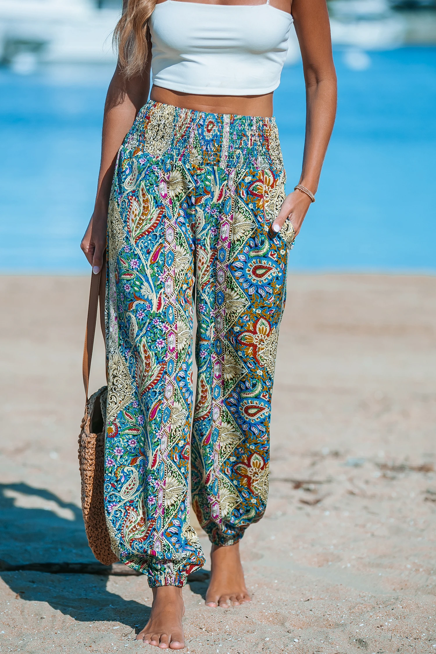 Paisley Smocked Waist Tapered Leg Cover-Up Pants - Blue