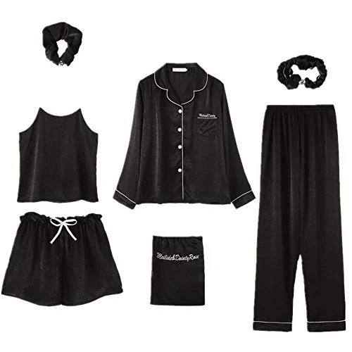 Pajama 7-Piece Sling Wrinkly Silk Women's Summer Cardigan Home Clothes 2-Piece Lovely Pajama 7-Piece Set Black