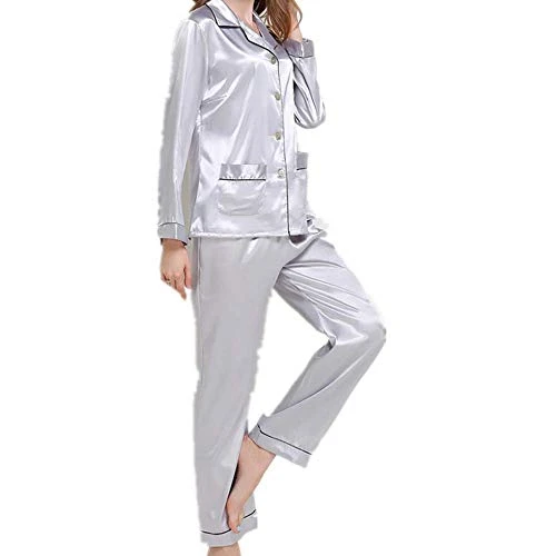Pajama Women's Spring and Autumn Silk Pajama Suit Long Sleeve Trousers Cardigan Loose Household Pajamas Grey