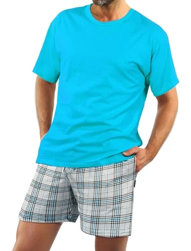 Pajamas Men's Short Cotton Tshirt Trousers Set Manich Short Summer, T-Shirts - Turquoise; Pants - Checkered, 4XL Plus