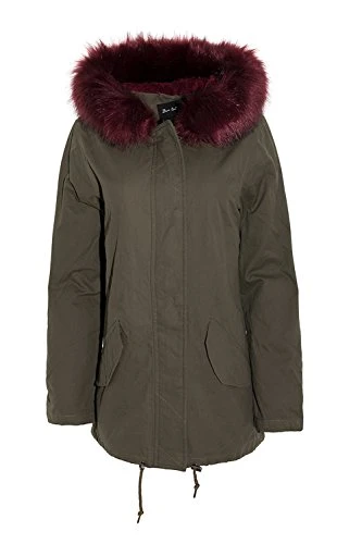 Panther Women's Parka Coat with Faux Fur Hood Trim - Khaki - Burgundy - UK 14