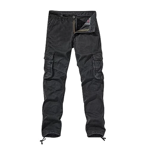 Pants for Men Cotton Solid Color Cargo Trousers with Multi-Pockets Zipper Buttons Fashionable Straig