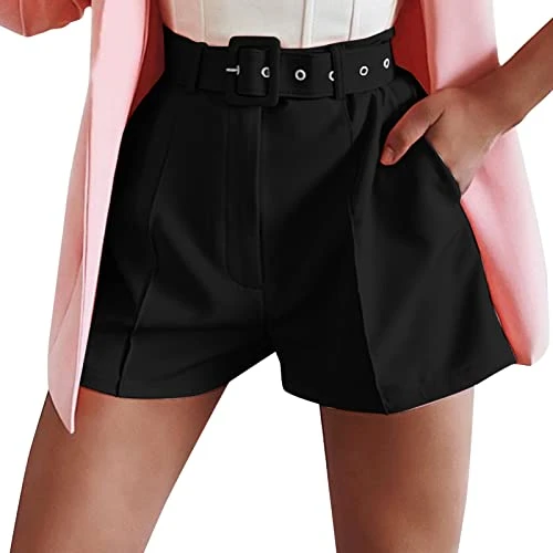 Paperbag Trousers Women's 2 Piece Casual Light Weight Thin Jacket Slim Coat Blazer Office Business Shorts + Belt Short Pants Trousers Women's Baggy, black, M