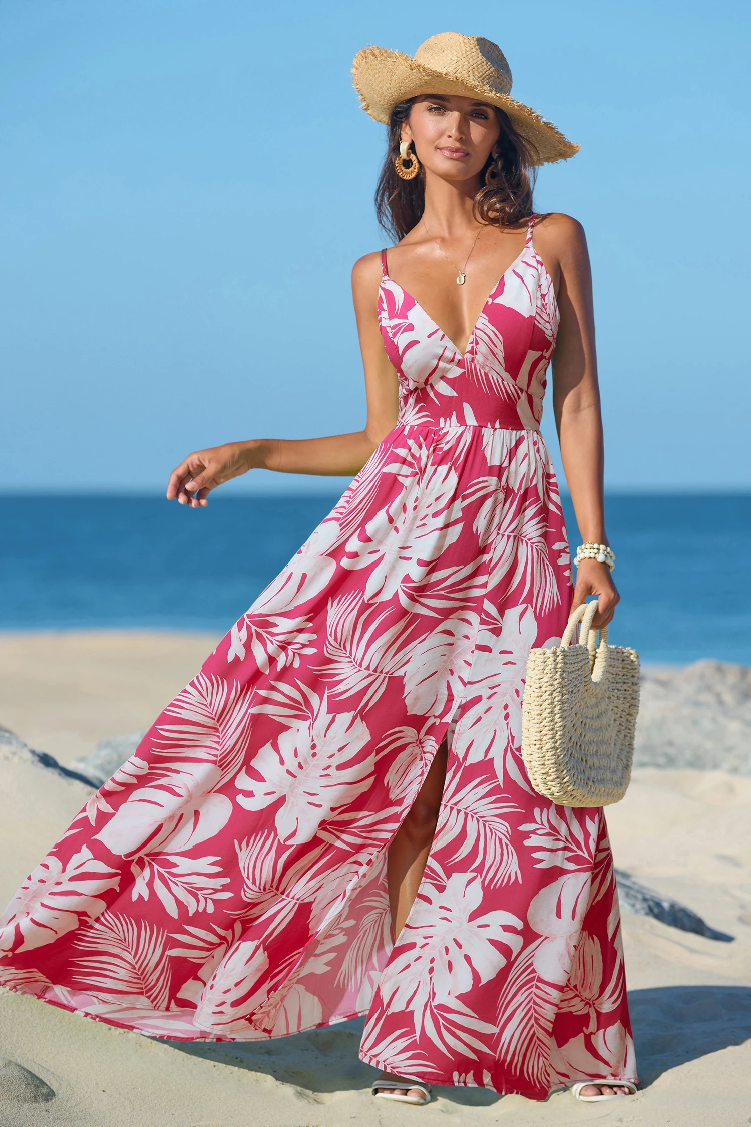 Paradise Oasis Tropical Maxi Dress - Pink