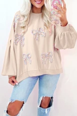 Parchment Embroidered Bow Lantern Sleeve Oversized Pullover Sweatshirt - PARCHMENT / / 65%POLYESTER+%COTTON