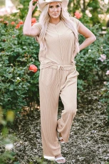 Parchment Exposed Seam Ribbed Tee and Pants Two-piece Outfit - PARCHMENT / / 75%POLYESTER+%VISCOSE+%ELASTANE