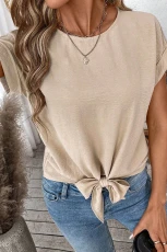 Parchment Solid Color Knotted Hem Short Sleeve Blouse - Parchment / / 100%Polyester