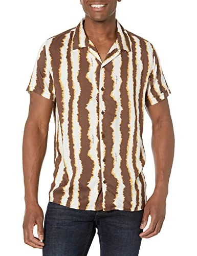 Paris Men's Tie Dye Stripe Short Sleeve Woven Shirt Button, White/Brown, S