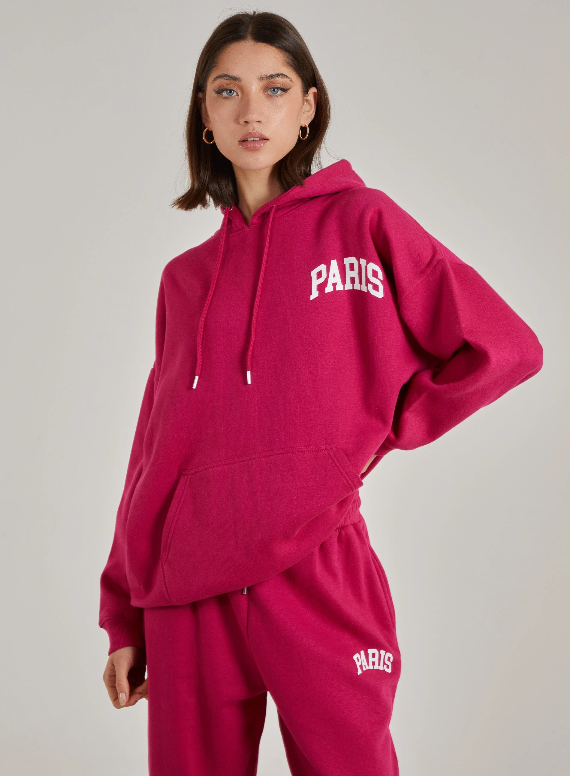 Paris Slogan Hoodie  - L  - Hot Pink