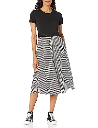 Paris Women's Blak Waist Band Midi Casual Dress, Black Soft White, M